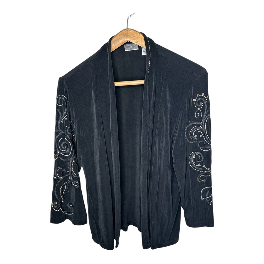 Chico's Travelers Size 3 Slinky Knit Cardigan Size XL Embroidered Sequins Beads